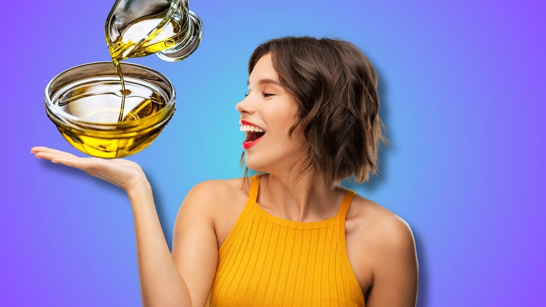 A woman using showing oil pulling