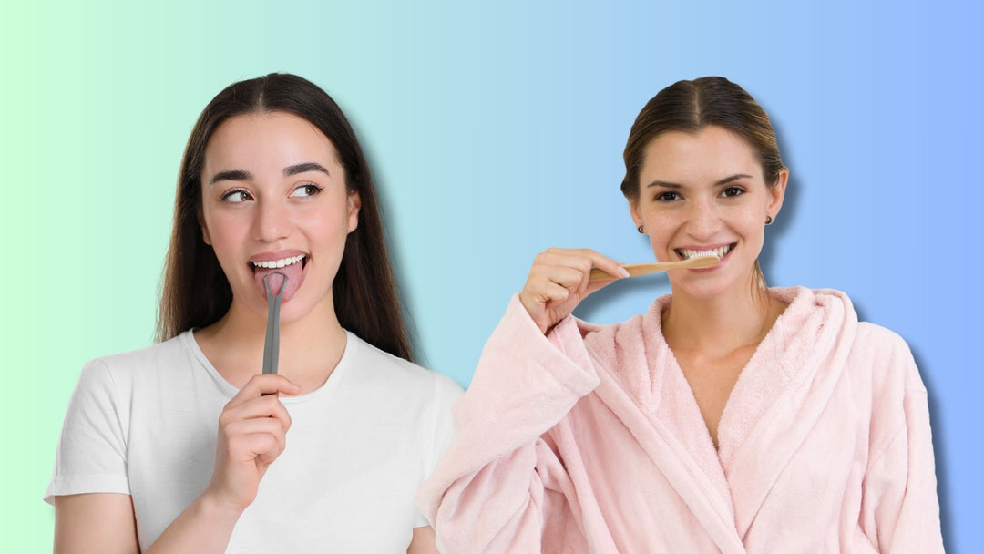 A 2 ladies brushing teeth and tongue scraping